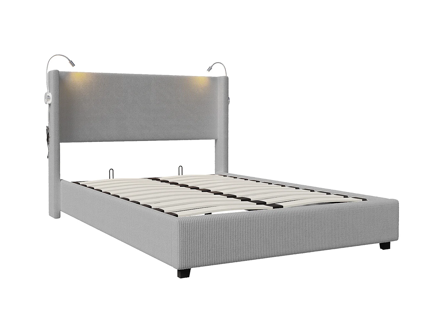 Polsterbett 140x200cm mit Lattenrost & Leseleuchten, Stauraumbett Doppelbett, grau