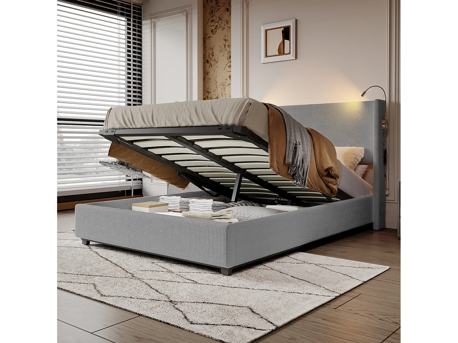 Letto imbottito 140x200cm con rete a doghe e luci di lettura, letto contenitore matrimoniale, grigio