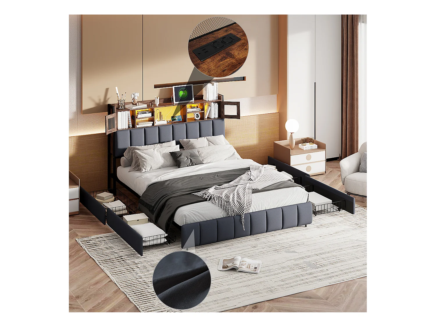 Lit Rembourré 160x200cm avec USB et prises, lit double avec 4 tiroirs, lit coffre avec LED, lin,noir