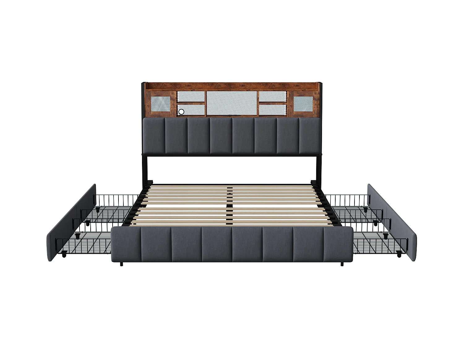 Lit Rembourré 160x200cm avec USB et prises, lit double avec 4 tiroirs, lit coffre avec LED, lin,noir