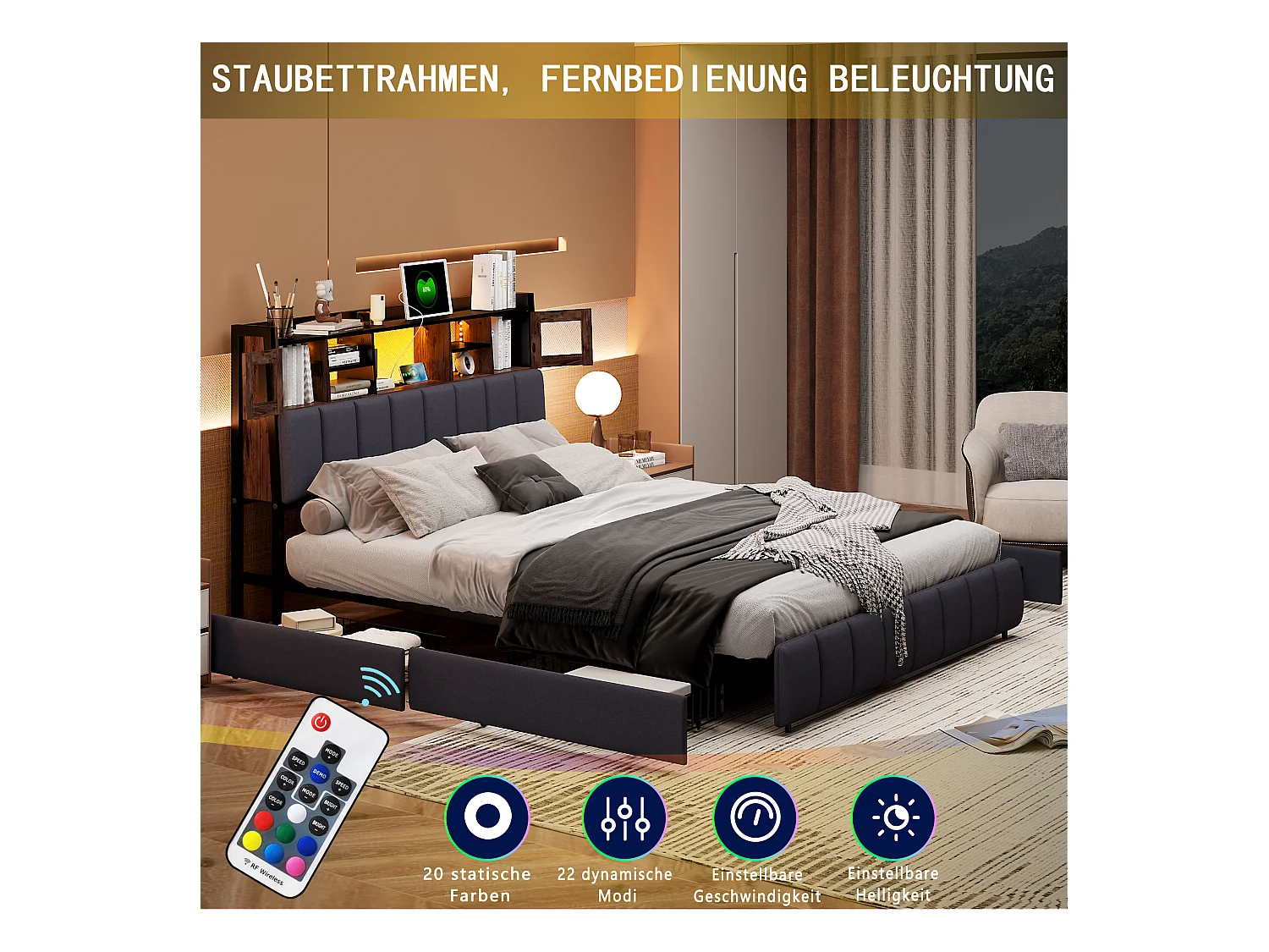 Polsterbett 160x200cm mit USB und Steckdosen, Doppelbett mit 4 Schubladen, Stauraumbett mit LED, Leinen, schwarz