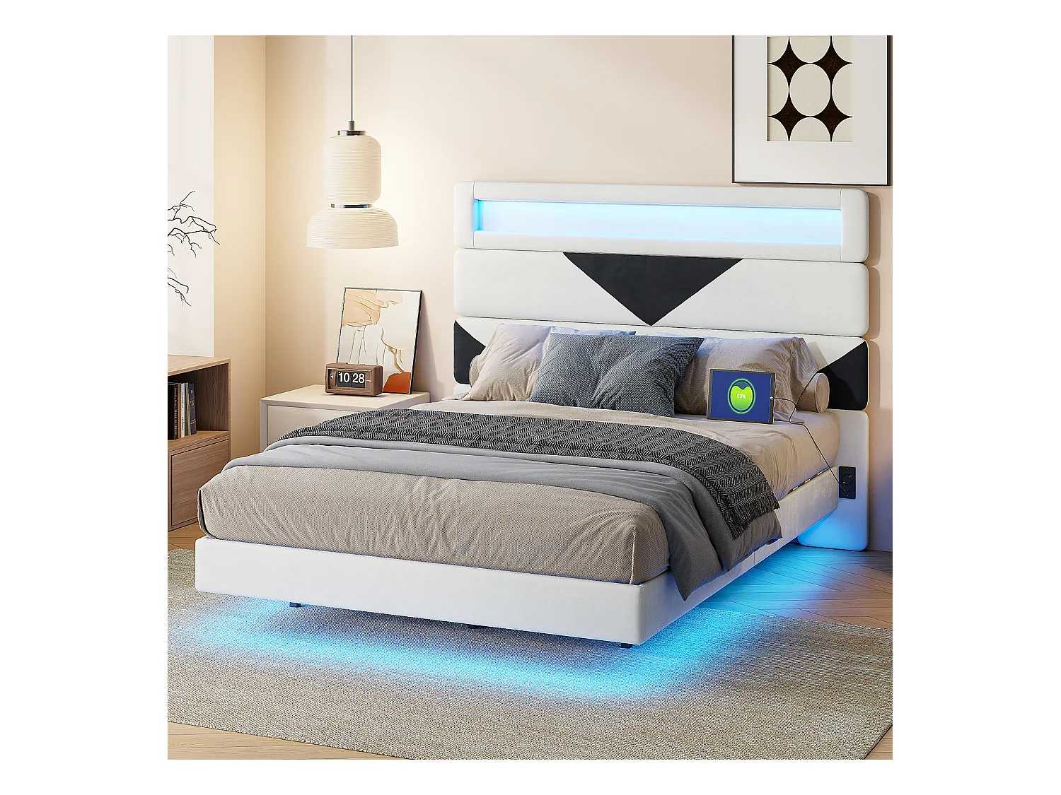 Lit Rembourré 160x200cm avec USB & LED,lit coffre avec tête de lit triangulaire,velours,blanc & noir