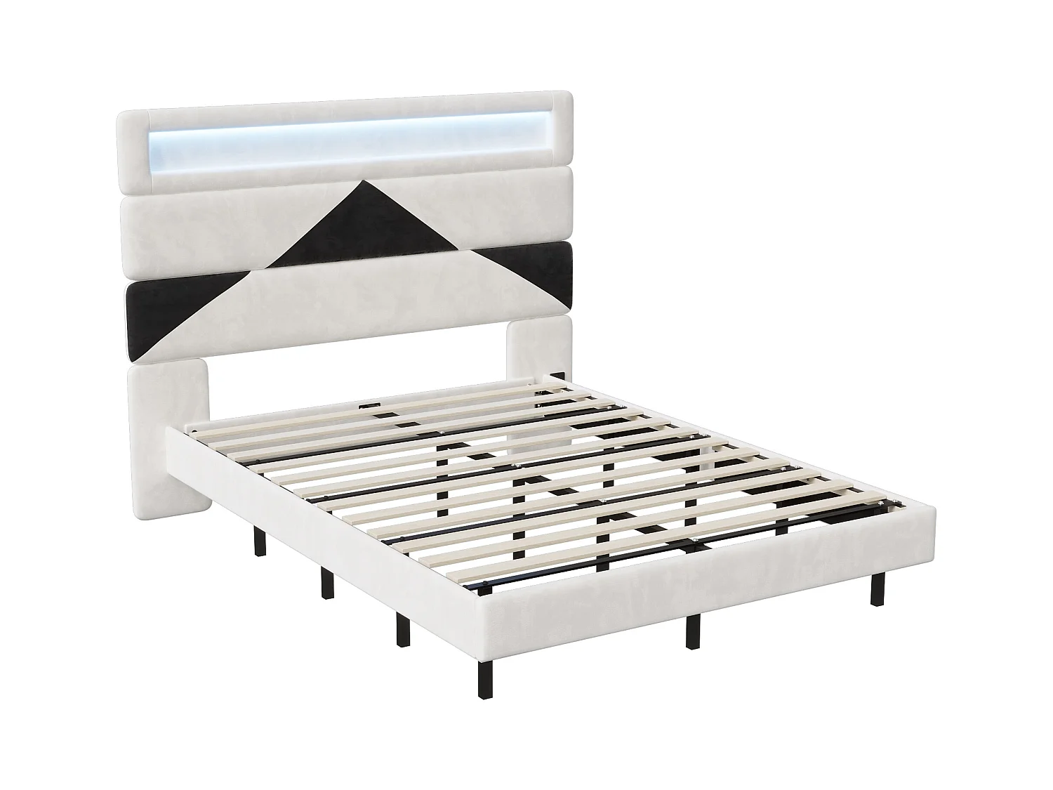 Lit Rembourré 160x200cm avec USB & LED,lit coffre avec tête de lit triangulaire,velours,blanc & noir