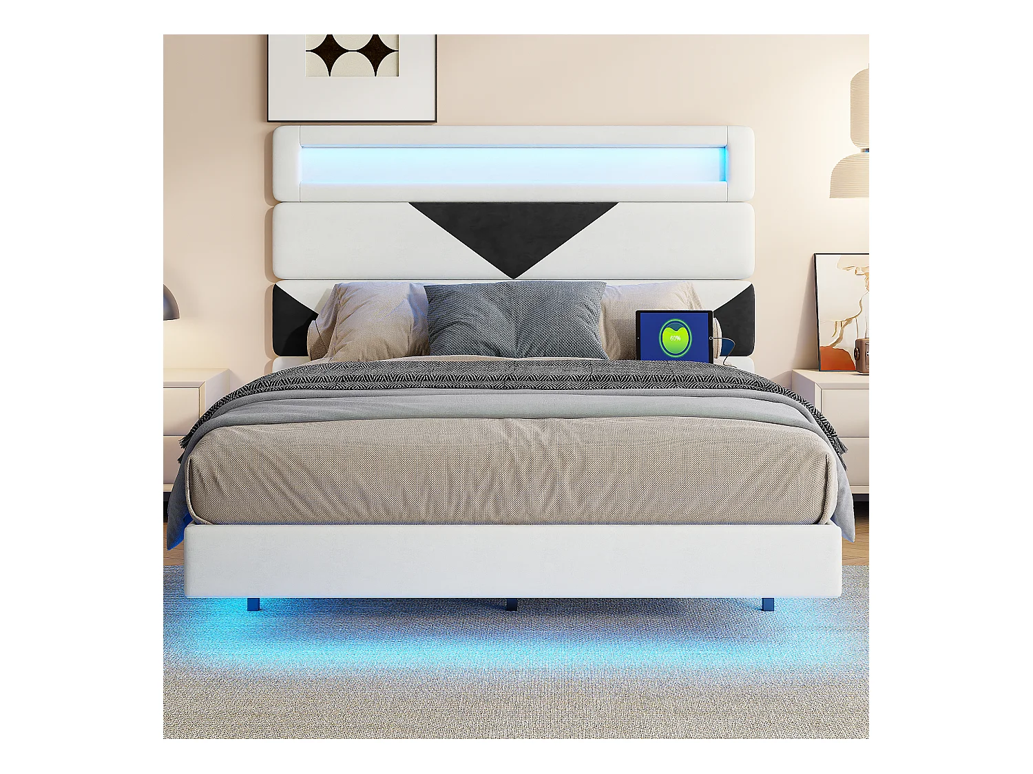 Polsterbett 160x200cm mit USB & LED, Stauraumbett mit dreieckigem Kopfteil, Samt, weiß & schwarz