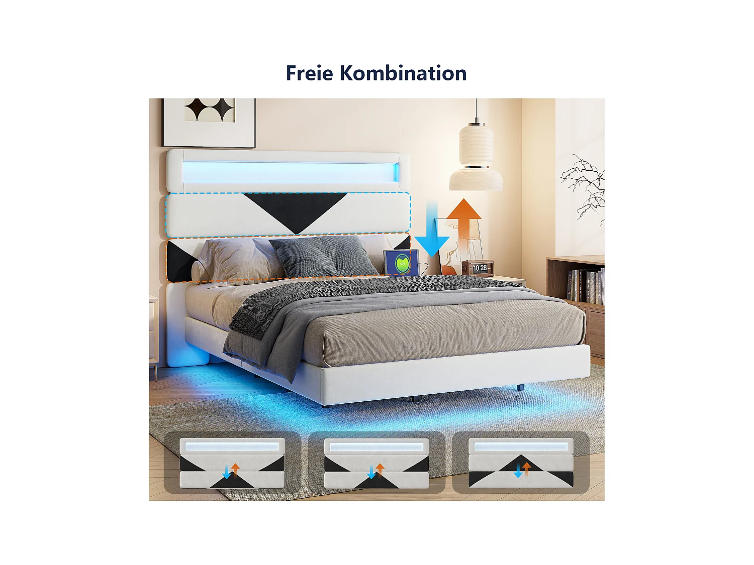Polsterbett 160x200cm mit USB & LED, Stauraumbett mit dreieckigem Kopfteil, Samt, weiß & schwarz