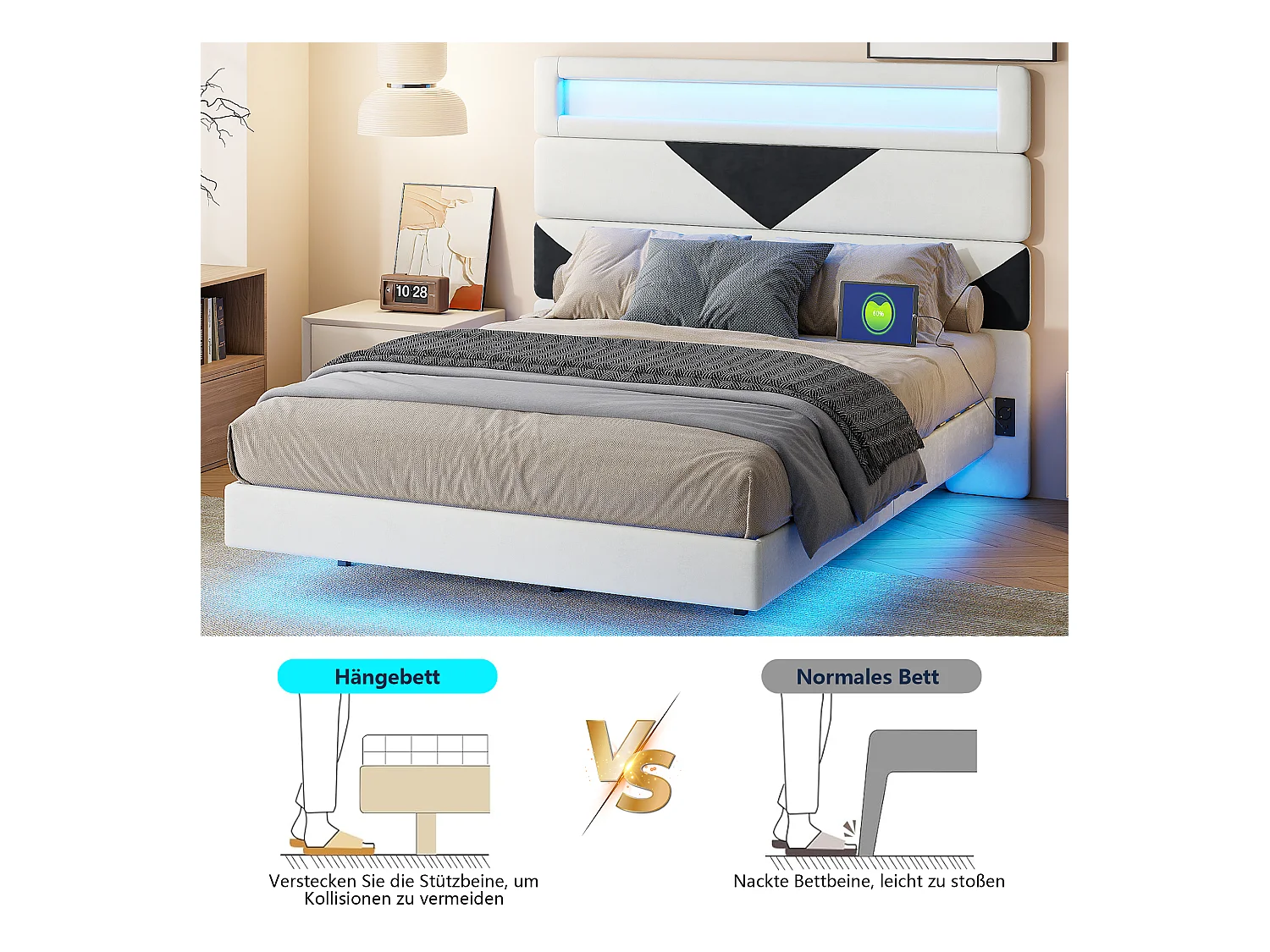 Polsterbett 160x200cm mit USB & LED, Stauraumbett mit dreieckigem Kopfteil, Samt, weiß & schwarz
