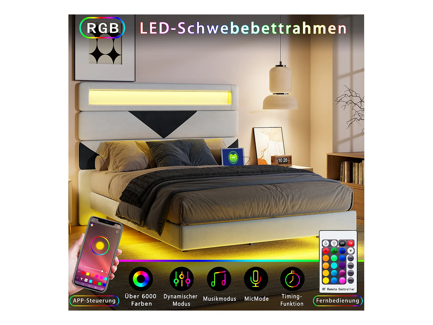 Polsterbett 160x200cm mit USB & LED, Stauraumbett mit dreieckigem Kopfteil, Samt, weiß & schwarz