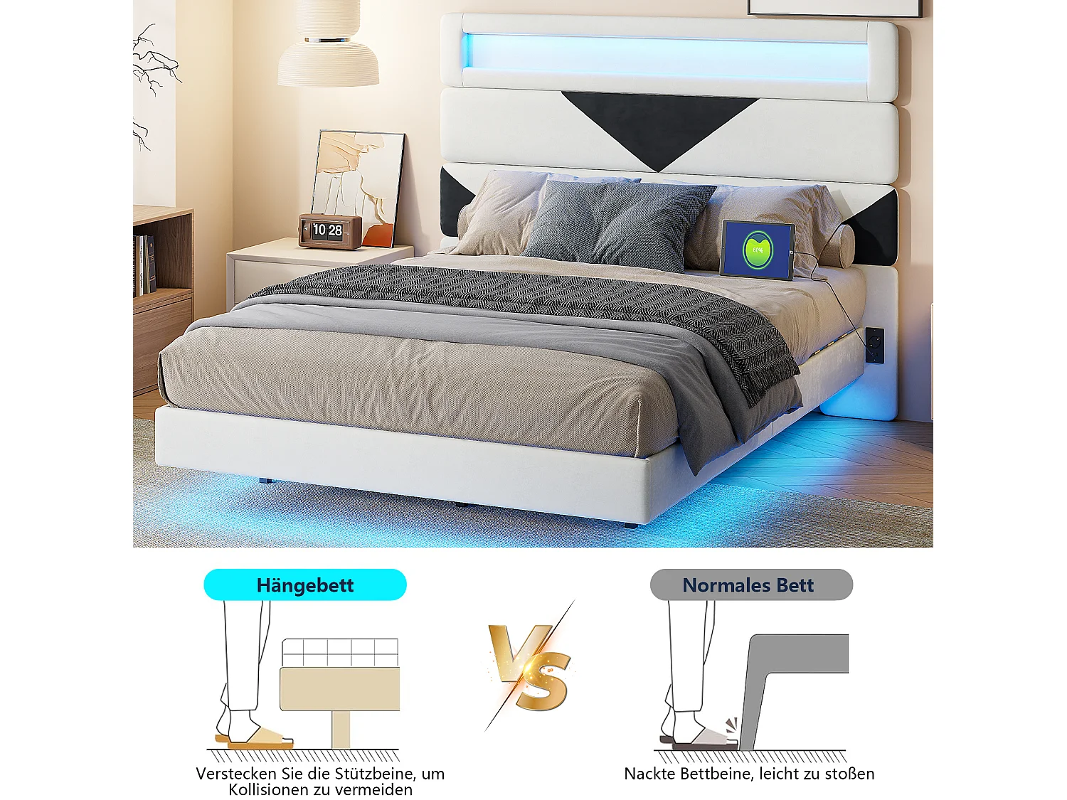 Lit Rembourré 160x200cm avec USB & LED,lit coffre avec tête de lit triangulaire,velours,blanc & noir