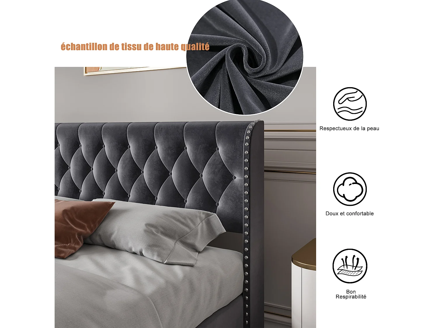 Lit coffre rembourré en velours - décoré de rivets - avec sommier à lattes - 140x200cm - Gris