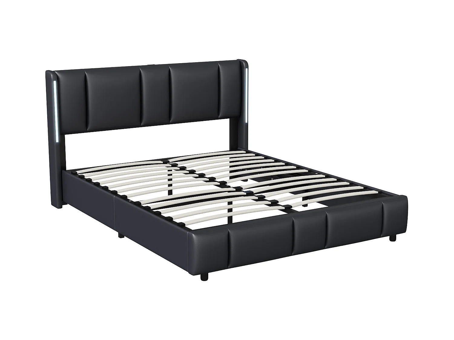 Polsterbett 140 x 200 cm, mit LED und USB Typ C, Doppelbett mit Lattenrost, PU, Schwarz