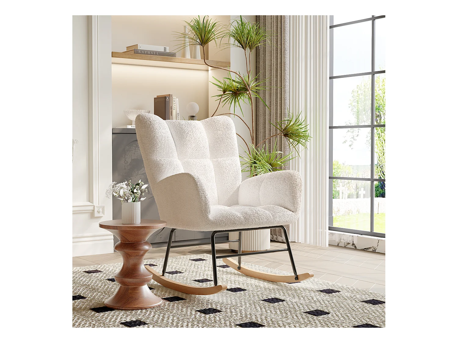 Fauteuil à bascule moderne en velours Teddy - Fauteuil à bascule avec accoudoirs, Blanc