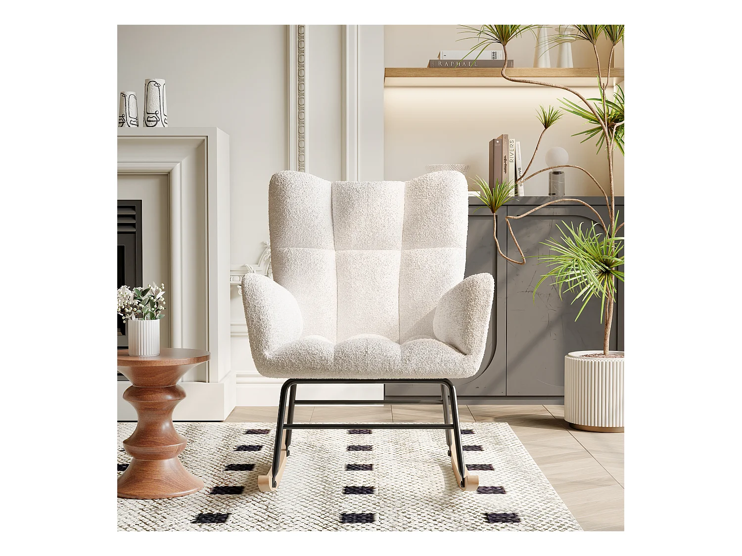 Fauteuil à bascule moderne en velours Teddy - Fauteuil à bascule avec accoudoirs, Blanc