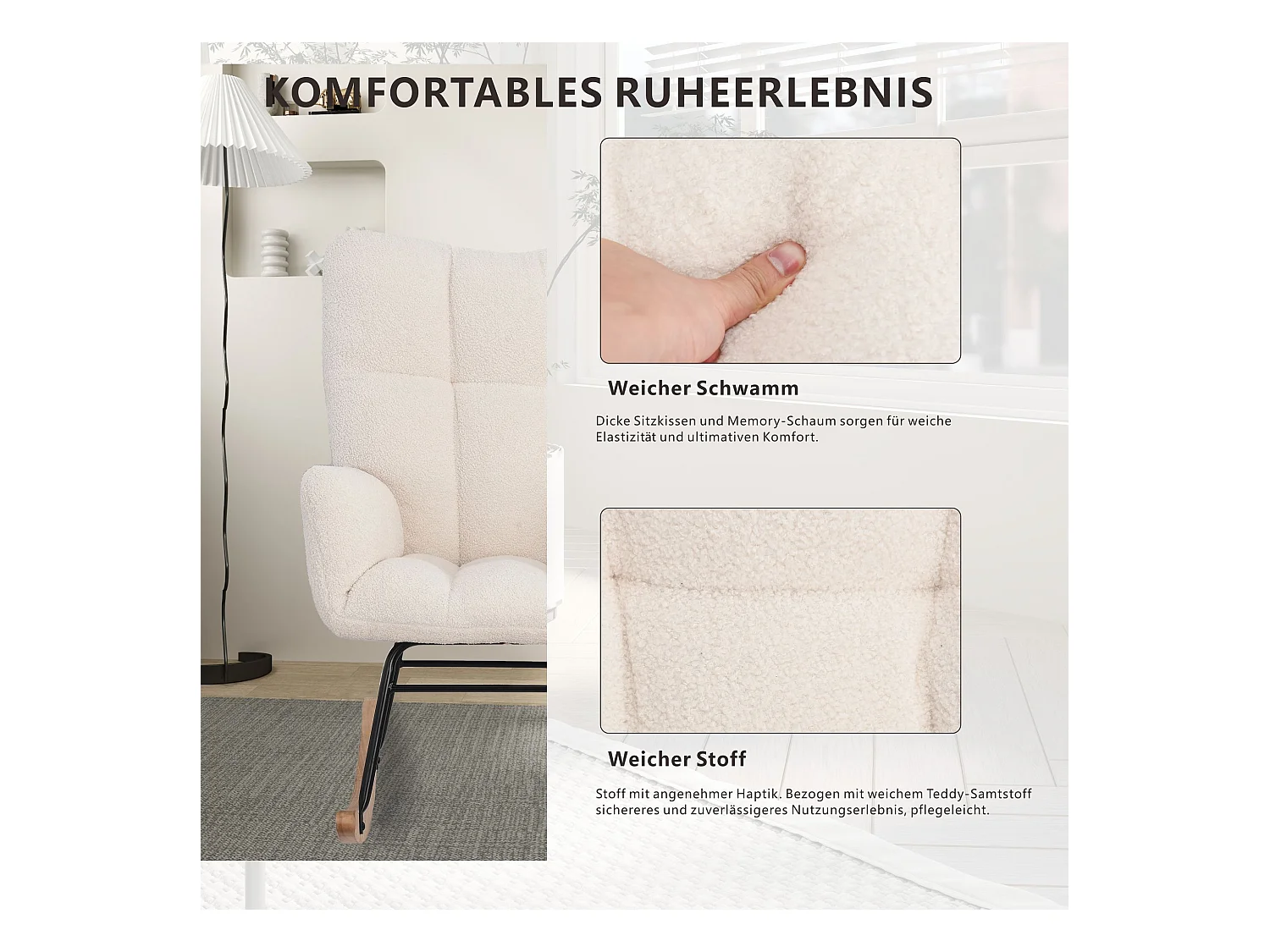 Fauteuil à bascule moderne en velours Teddy - Fauteuil à bascule avec accoudoirs, Blanc