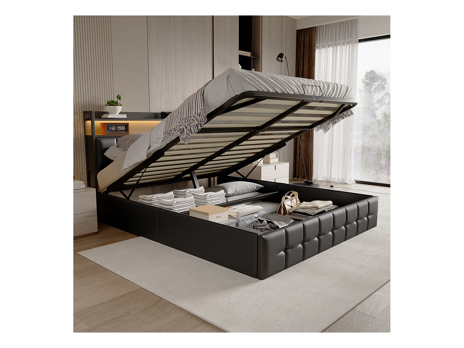 Lit coffre rembourré 140x200cm en tissu de Cuir - avec LED et port de charge - Noir