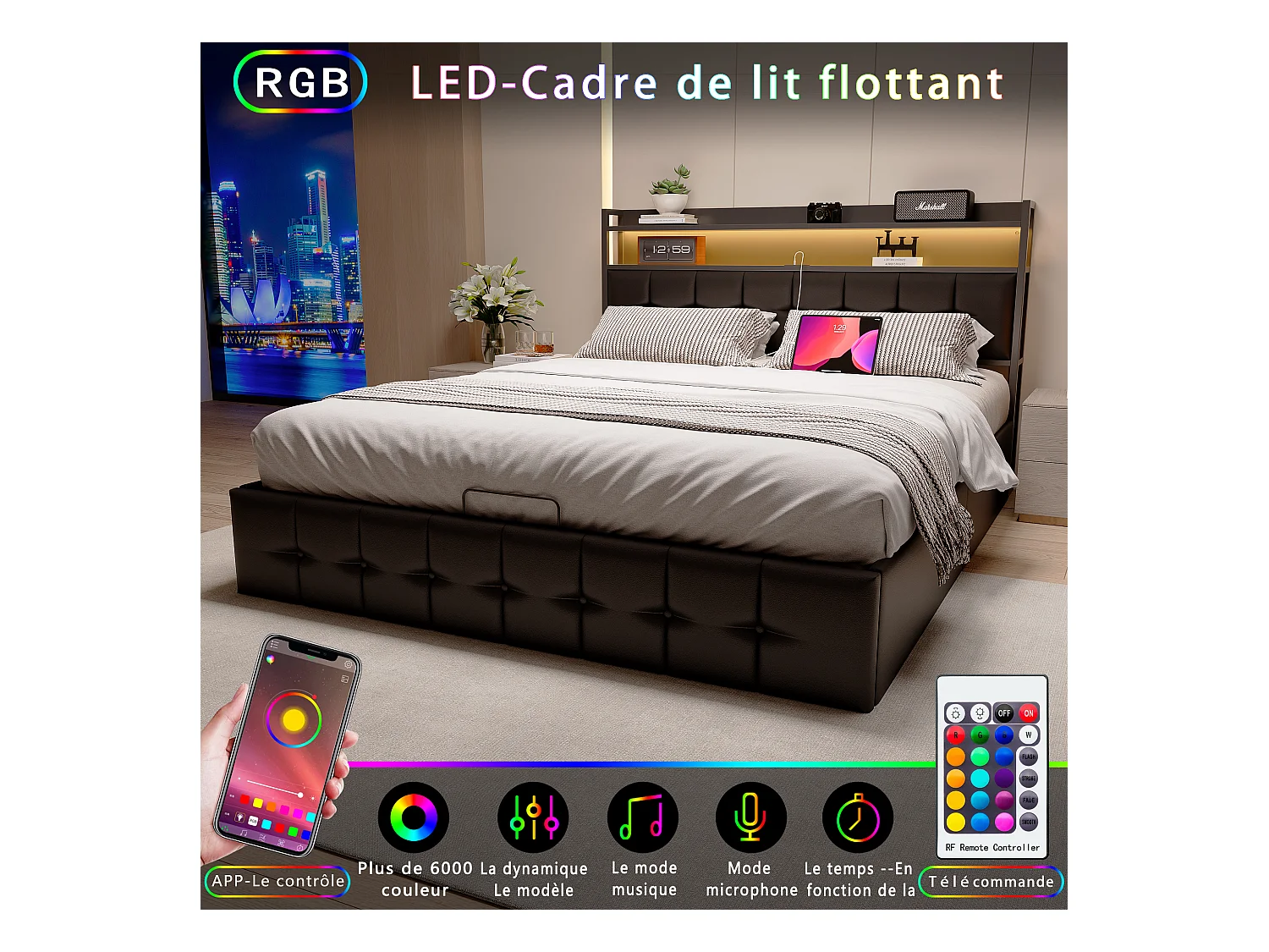 Gepolstertes Bett mit Stauraum 140x200cm in Lederstoff - mit LED und Ladeanschluss - Schwarz