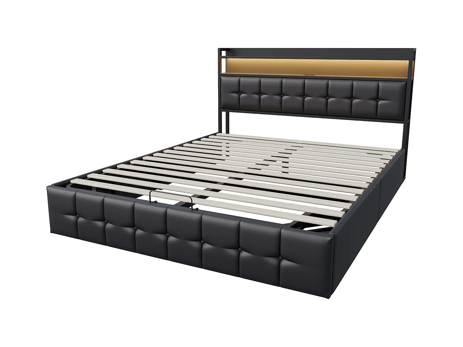 Gepolstertes Bett mit Stauraum 140x200cm in Lederstoff - mit LED und Ladeanschluss - Schwarz