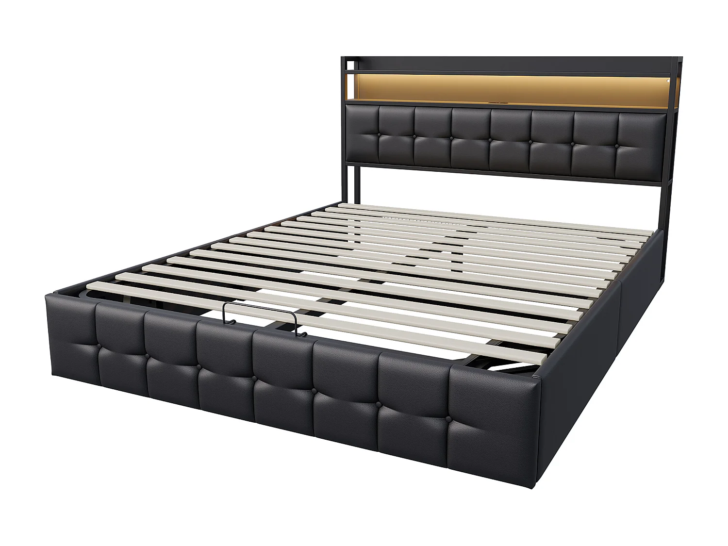 Lit coffre rembourré 140x200cm en tissu de Cuir - avec LED et port de charge - Noir