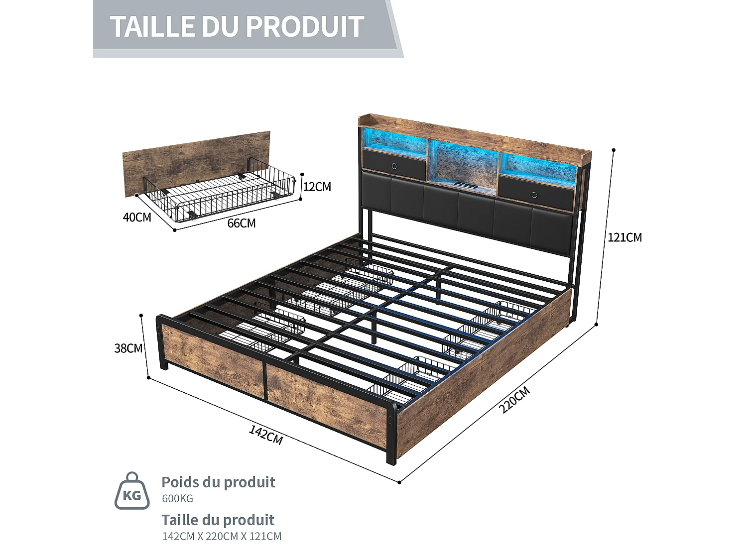 Lit double en métal 140x200cm, lit jeunesse avec LED et étagère, lit coffre avec 4 tiroirs, noir