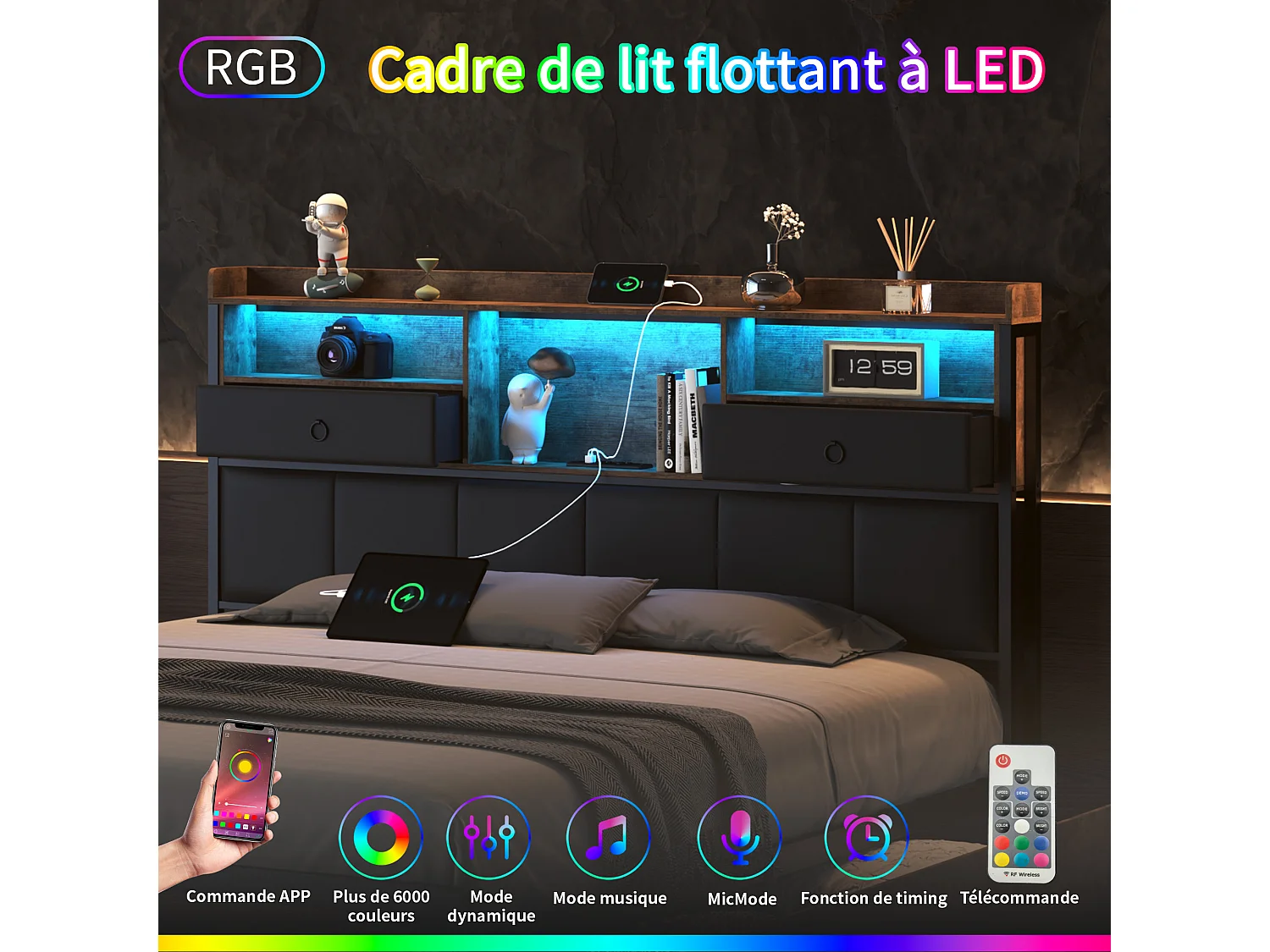 Lit double en métal 140x200cm, lit jeunesse avec LED et étagère, lit coffre avec 4 tiroirs, noir