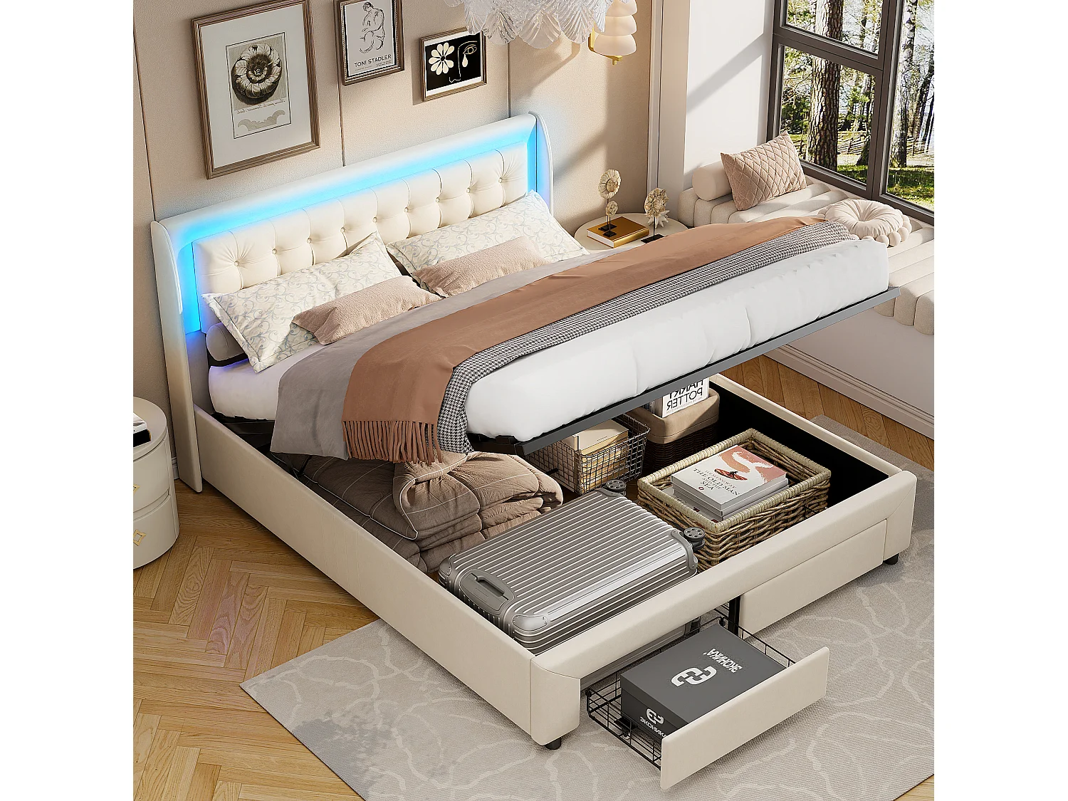 Lit Coffre 180x200cm, Lit Double avec 2 tiroirs de Rangement et LED, Sommier à Lattes, Velours, Beige