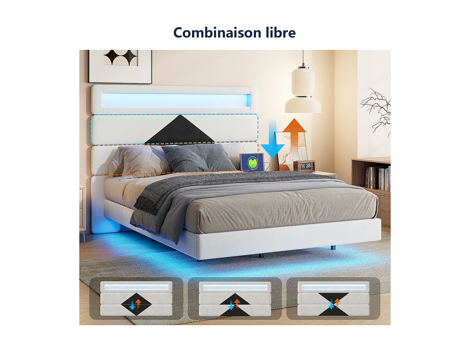 Lit rembourré 140x190cm avec USB, lit double avec LED,lit coffre avec tête de lit en diamant,velours