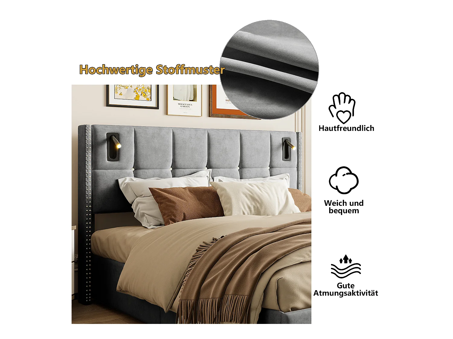 Lit Rembourré 160x200cm avec sommier à lattes & liseuses, lit coffre lit double, velours, gris