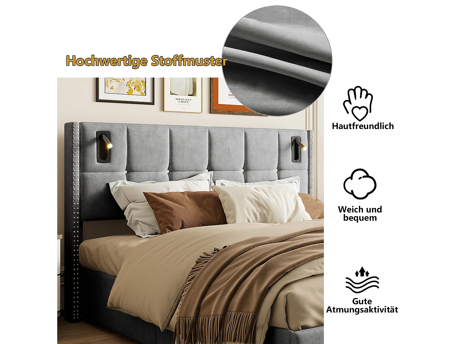 Gestoffeerd bed 160x200cm met lattenbodem & leeslampjes, opbergbed tweepersoonsbed, fluweel, grijs