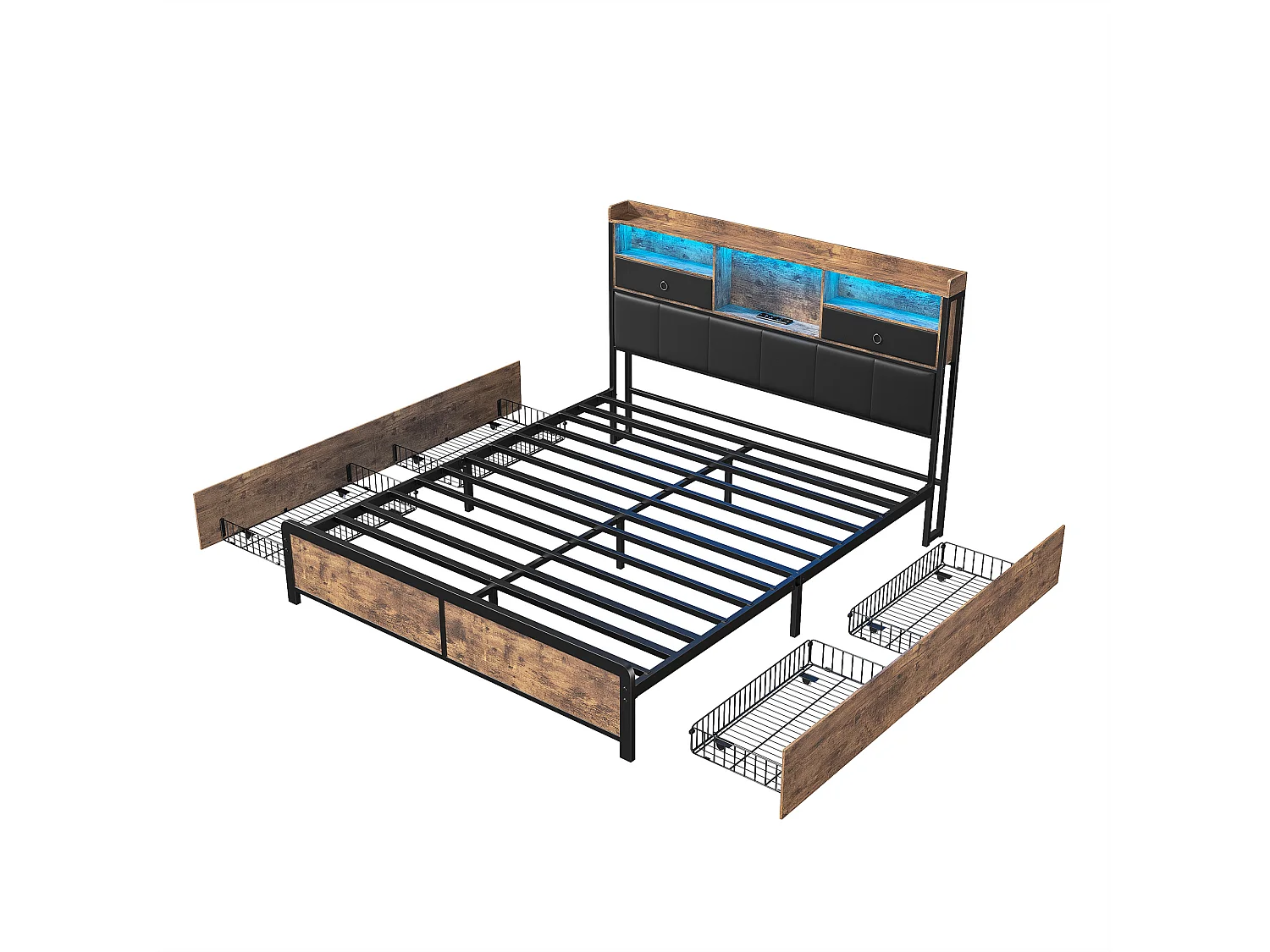 Lit double en métal 160x200cm, lit jeunesse avec LED et étagère, lit coffre avec 4 tiroirs, noir