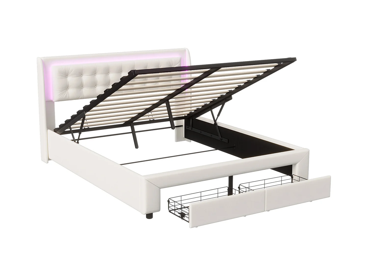 Stauraumbett 140x190cm, Doppelbett mit 2 Stauraumschubladen und LED, Lattenrost, Samt, Beige