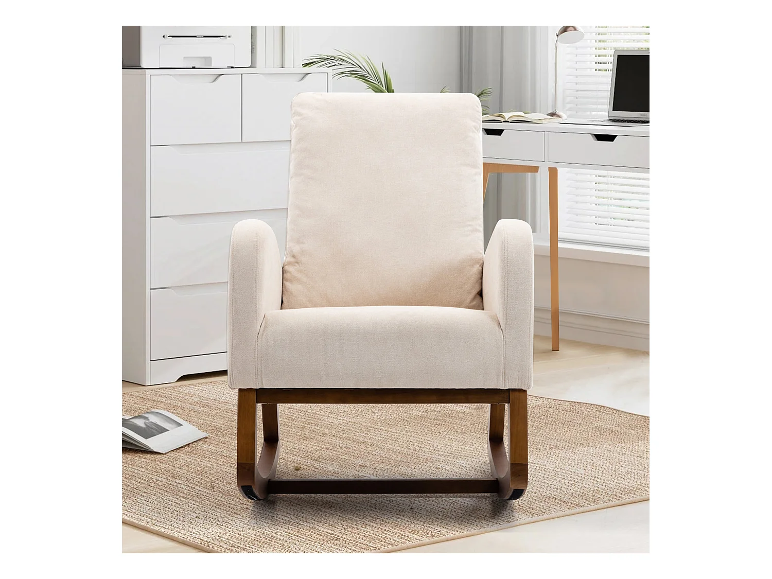 Fauteuil à Bascule - Rocking chair - Dossier Capitonné Pieds en Bois - Beige