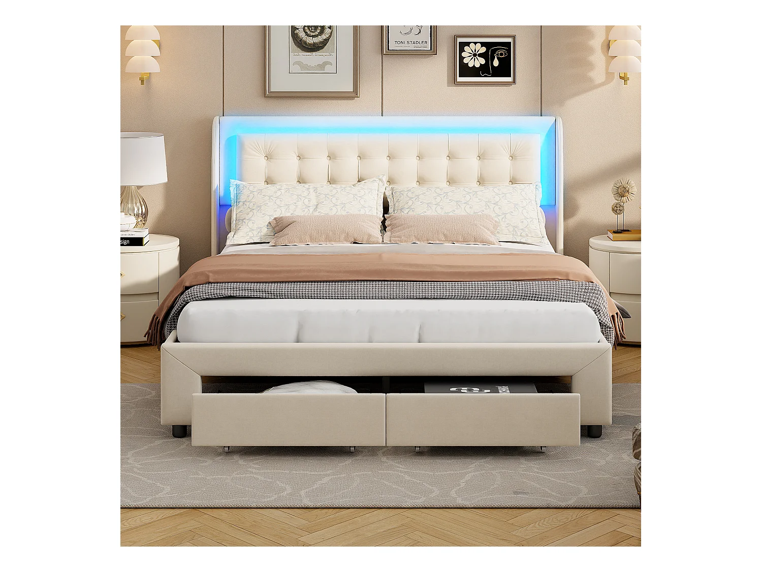 Stauraumbett 160x200cm, Doppelbett mit 2 Stauraumschubladen und LED, Lattenrost, Samt, Beige