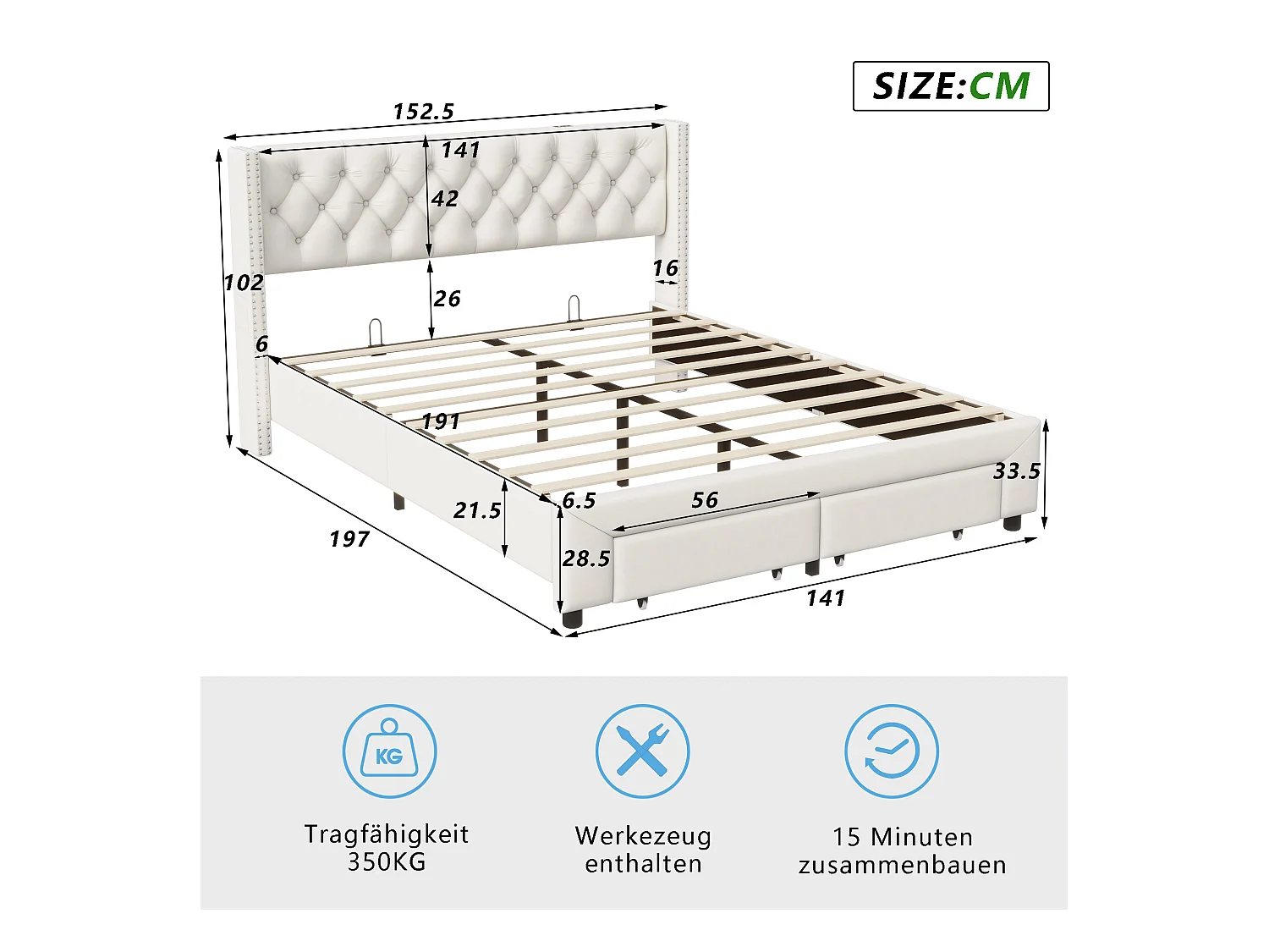 140x190cm Bett mit Stauraum und LED, Lattenrost, gepolstertes Doppelbett mit USB, Samt, beige