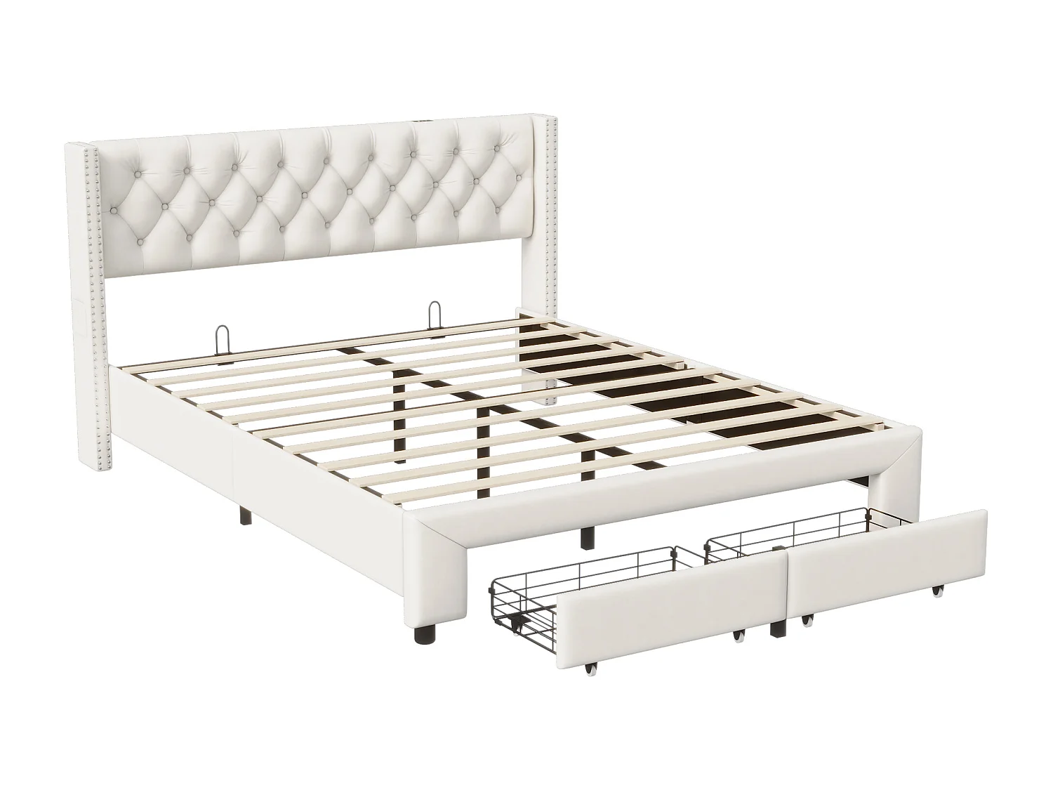 lit 140x190cm avec Rangement et LED, Sommier à Lattes, Lit Double capitonné avec USB, Velours, Beige