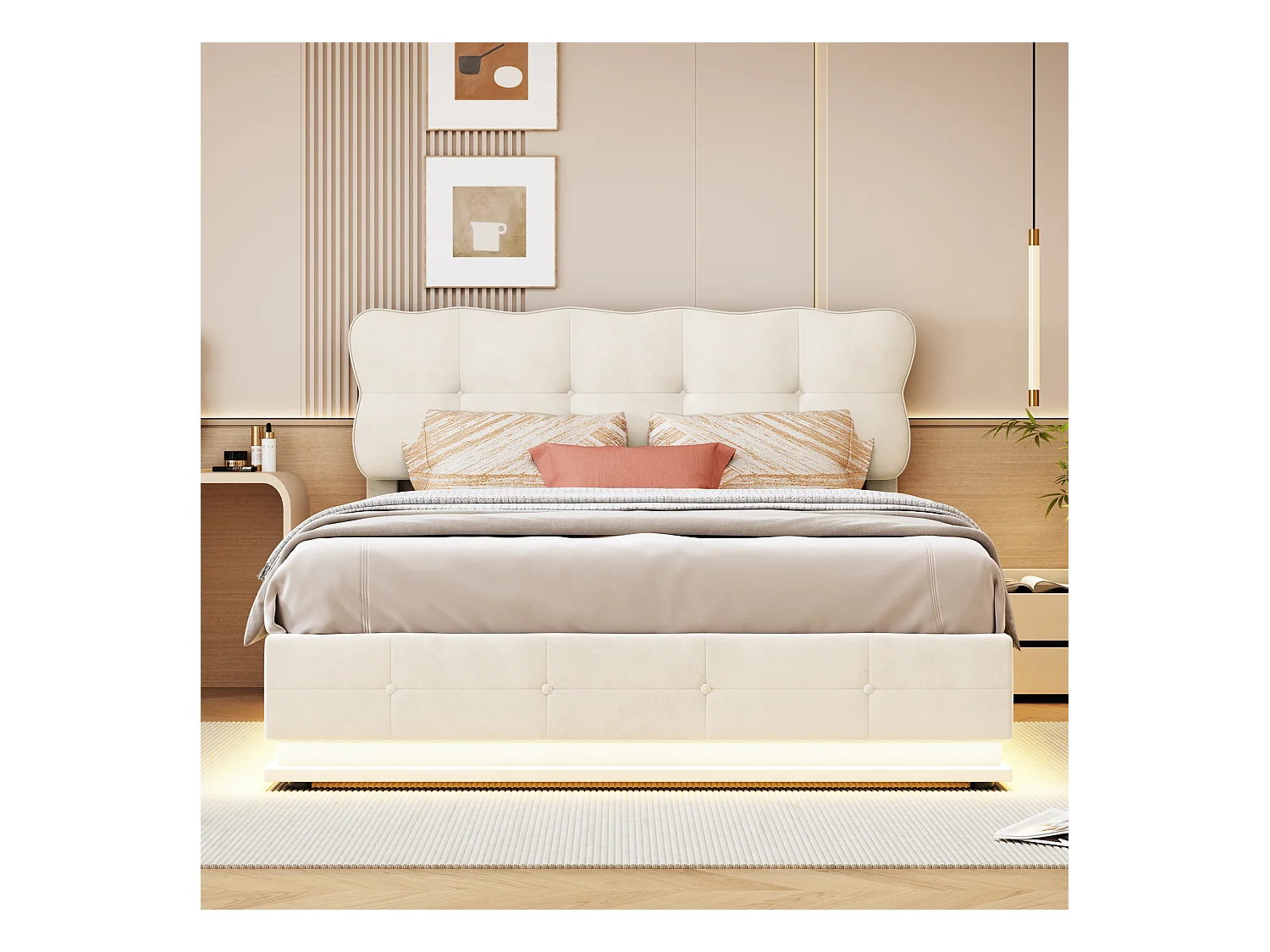 Lit Coffre 160x200 avec éclairage LED, Lit capitonné avec Sommier à Lattes, Velours, Beige