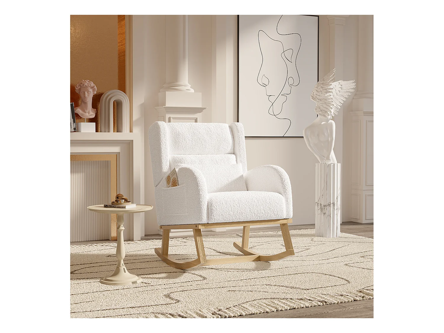 Fauteuil à Bascule en Tissu Bouclé Rembourré avec Support Lombaire et Pieds en Bois, Blanc
