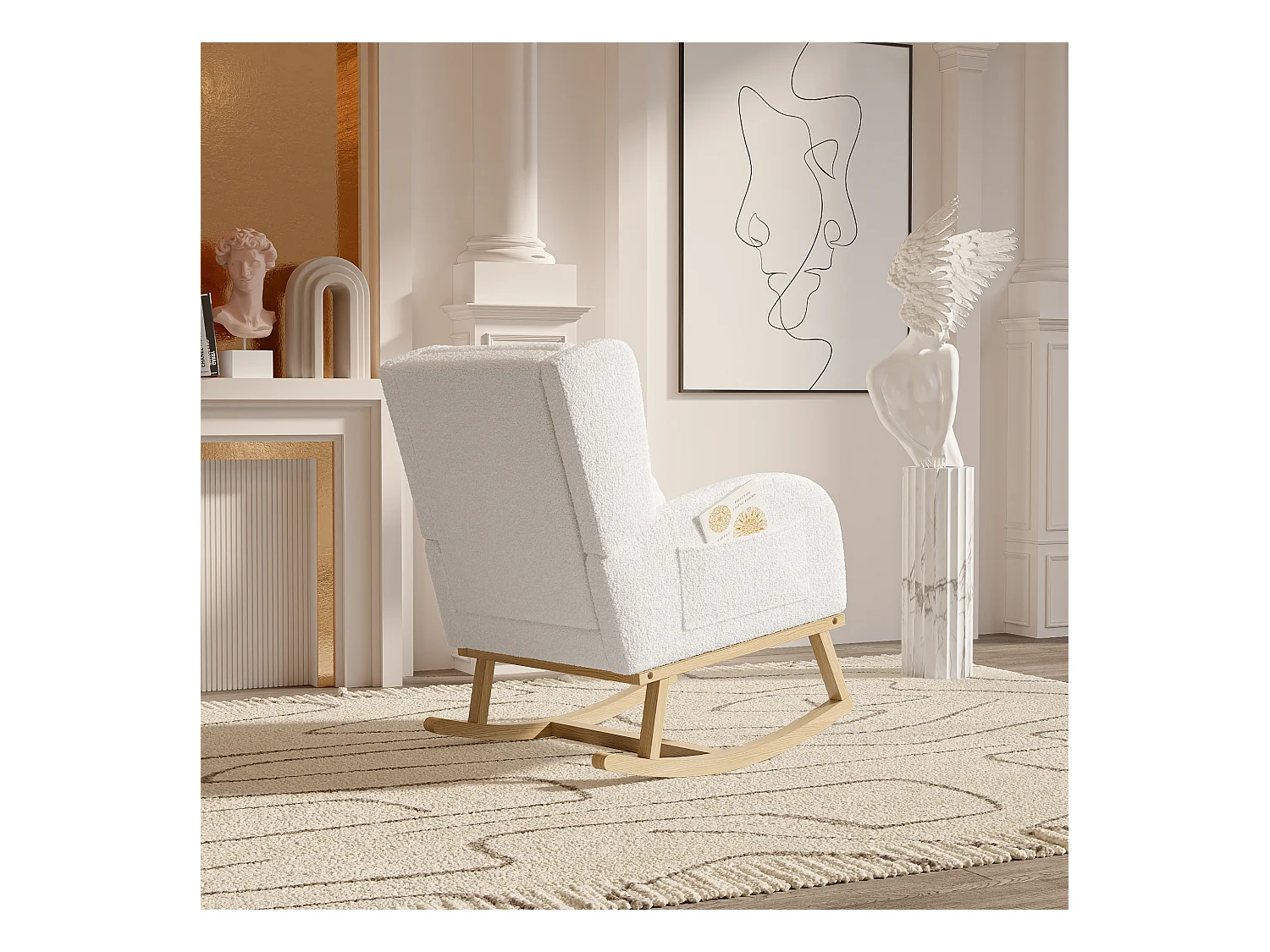Fauteuil à Bascule en Tissu Bouclé Rembourré avec Support Lombaire et Pieds en Bois, Blanc