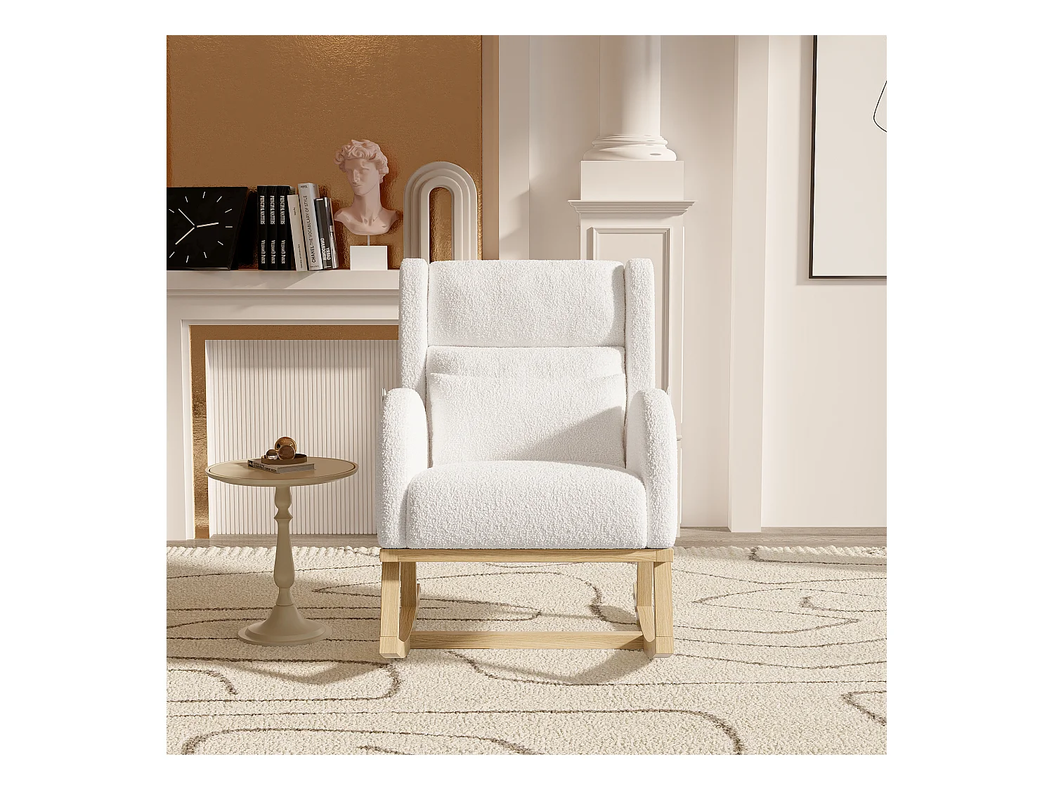 Fauteuil à Bascule en Tissu Bouclé Rembourré avec Support Lombaire et Pieds en Bois, Blanc