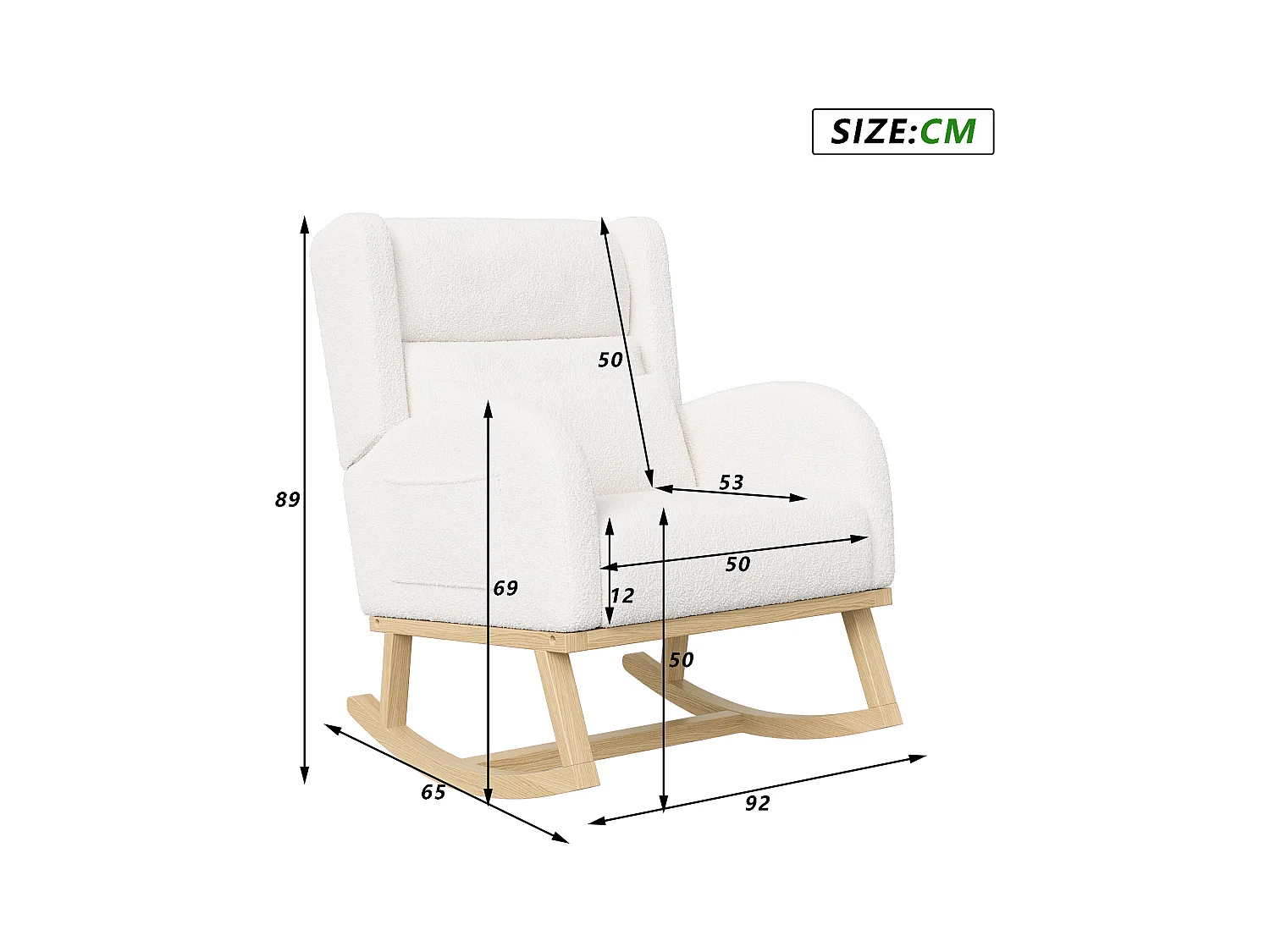Fauteuil à Bascule en Tissu Bouclé Rembourré avec Support Lombaire et Pieds en Bois, Blanc