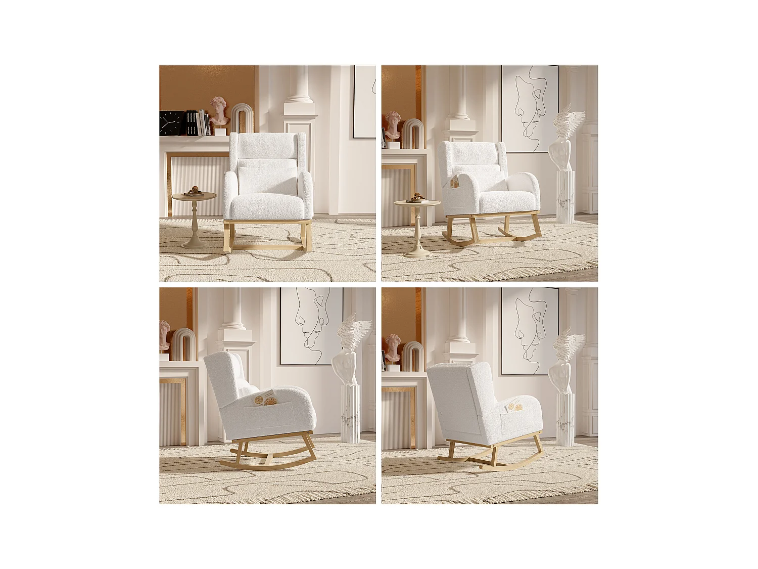 Fauteuil à Bascule en Tissu Bouclé Rembourré avec Support Lombaire et Pieds en Bois, Blanc