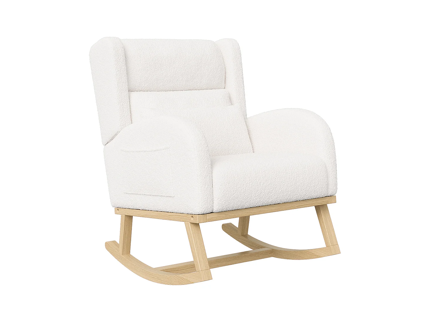 Fauteuil à Bascule en Tissu Bouclé Rembourré avec Support Lombaire et Pieds en Bois, Blanc