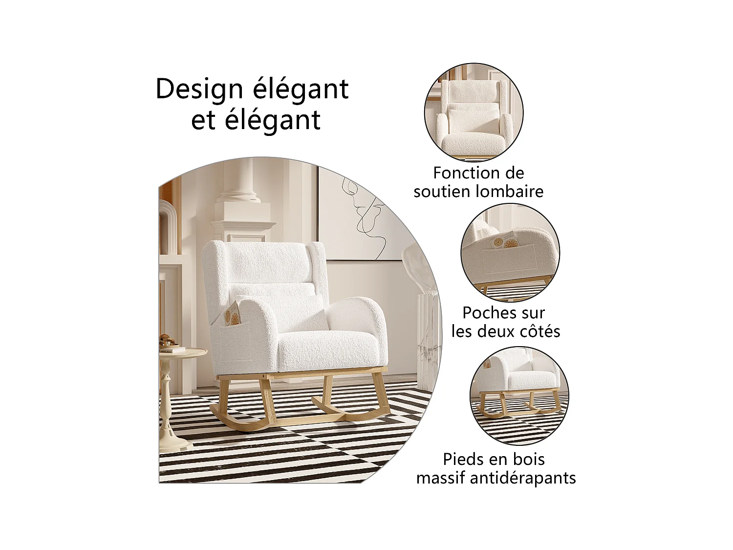 Fauteuil à Bascule en Tissu Bouclé Rembourré avec Support Lombaire et Pieds en Bois, Blanc