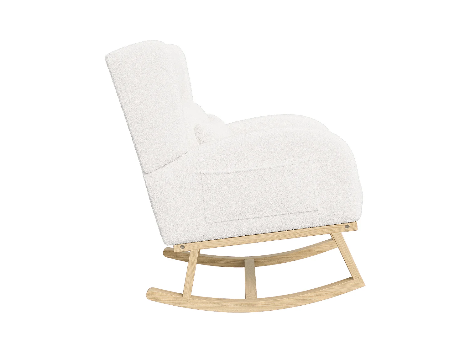 Fauteuil à Bascule en Tissu Bouclé Rembourré avec Support Lombaire et Pieds en Bois, Blanc