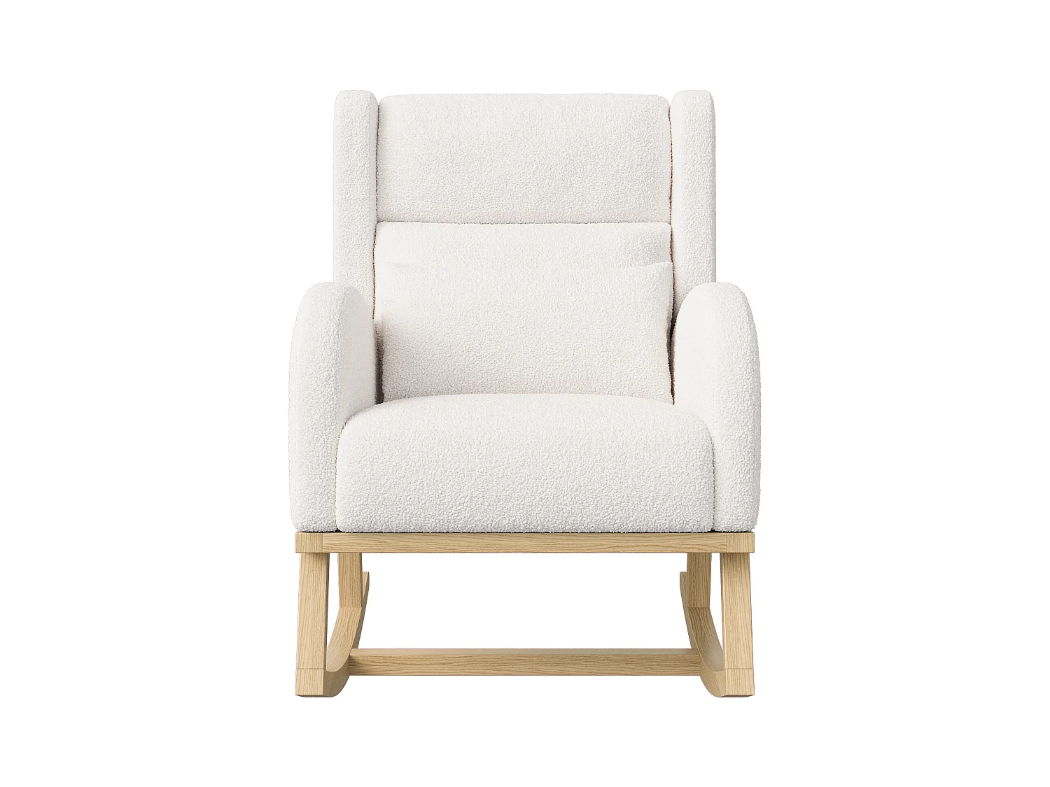 Fauteuil à Bascule en Tissu Bouclé Rembourré avec Support Lombaire et Pieds en Bois, Blanc