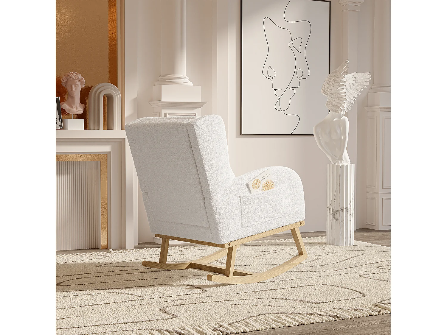 Gestoffeerde Bouclé stoffen schommelstoel met lendensteun en houten poten, wit