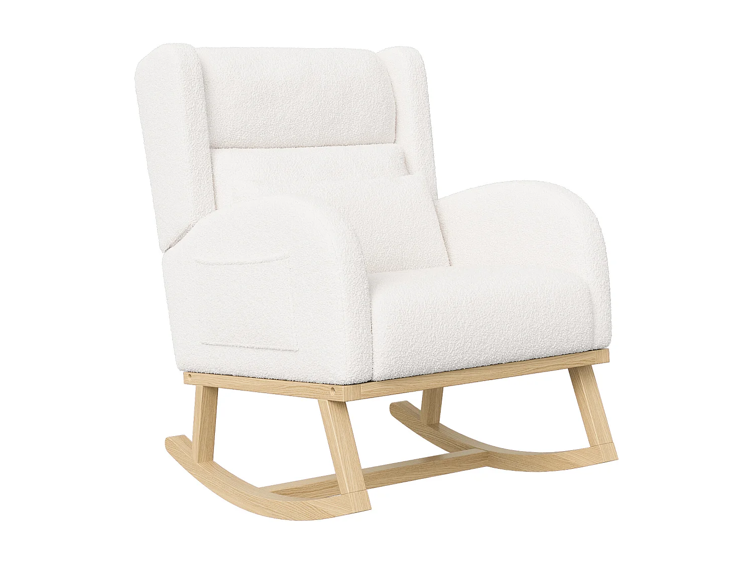 Gestoffeerde Bouclé stoffen schommelstoel met lendensteun en houten poten, wit
