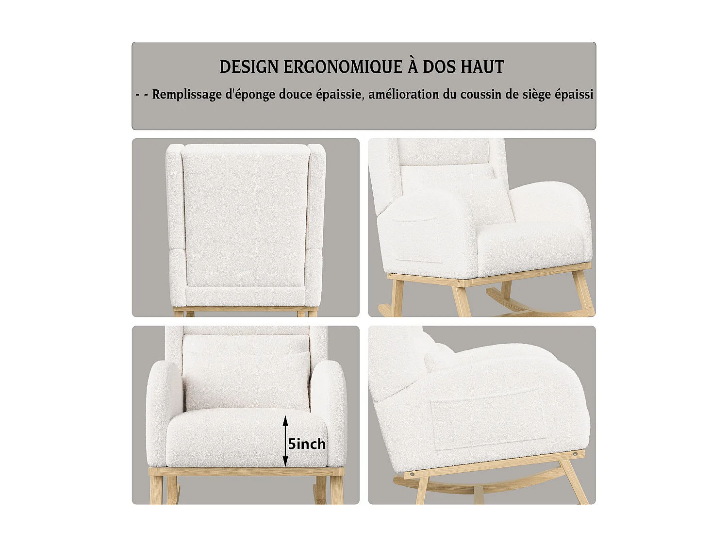 Gestoffeerde Bouclé stoffen schommelstoel met lendensteun en houten poten, wit