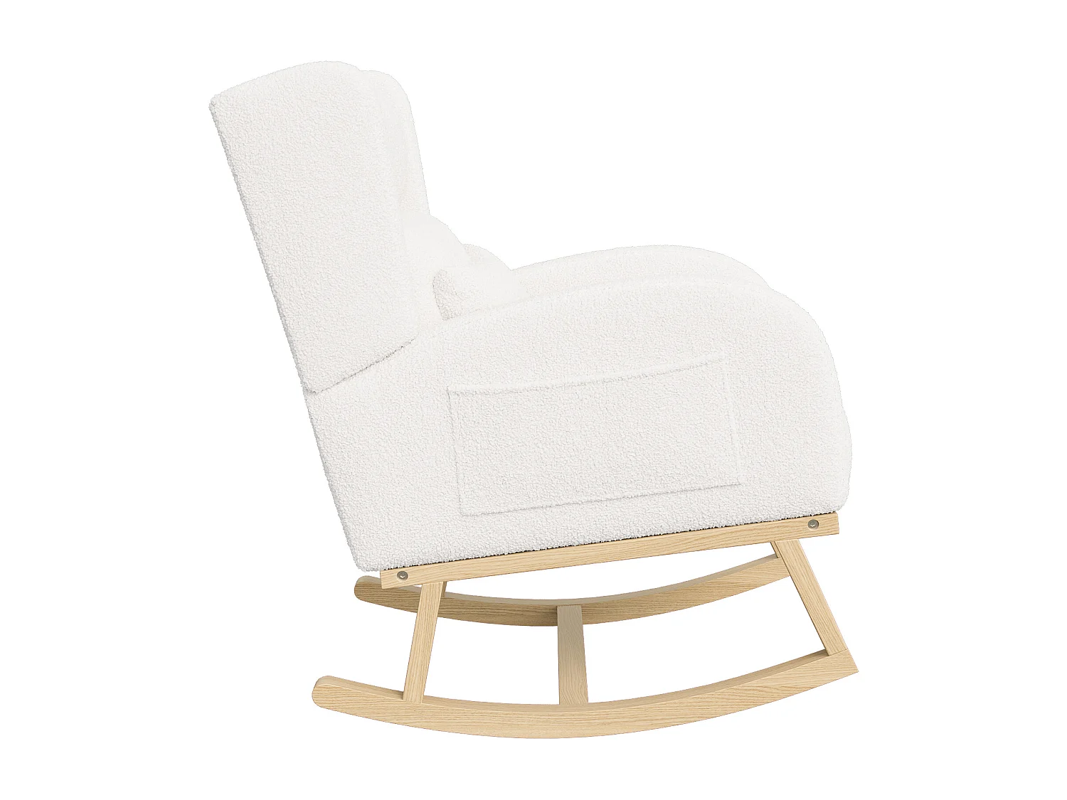 Gestoffeerde Bouclé stoffen schommelstoel met lendensteun en houten poten, wit