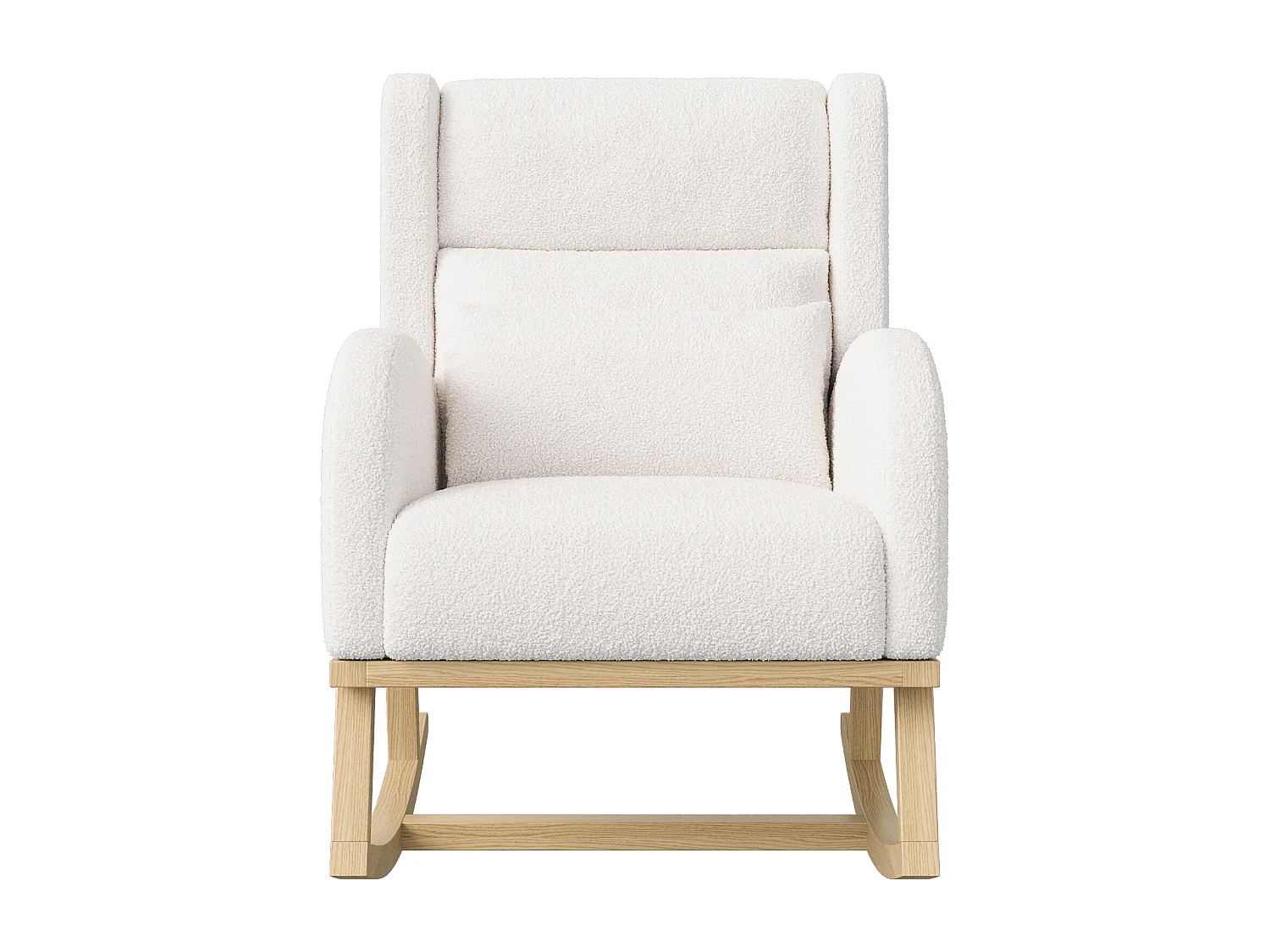 Gestoffeerde Bouclé stoffen schommelstoel met lendensteun en houten poten, wit