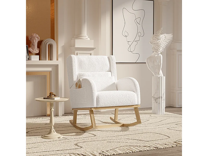 Fauteuil à Bascule en Tissu Bouclé Rembourré avec Support Lombaire et Pieds en Bois, Blanc