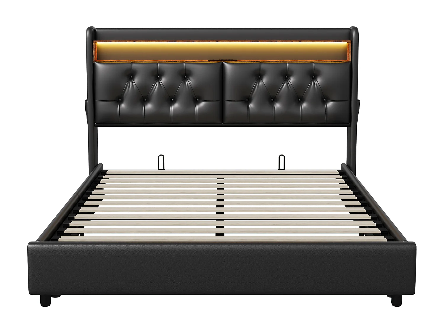 Lit Rembourré 180x200 avec USB et prises, LED,lit à coffre hydraulique lit double, simili cuir, noir